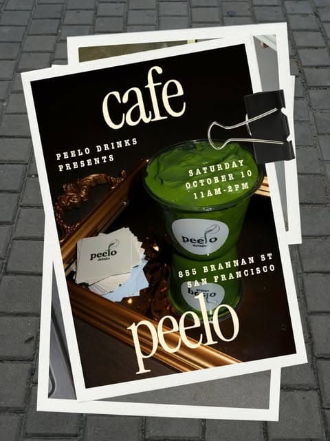 Café Peelo pop-up poster featuring iced matcha, announcing October 10 in San Francisco